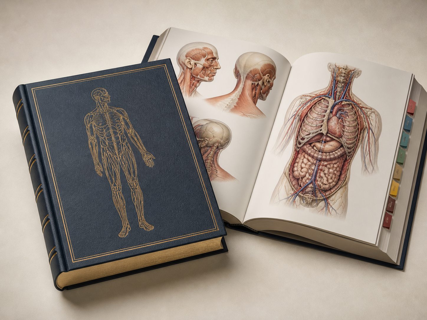 Hardcover medical atlas with anatomical illustrations and index tabs