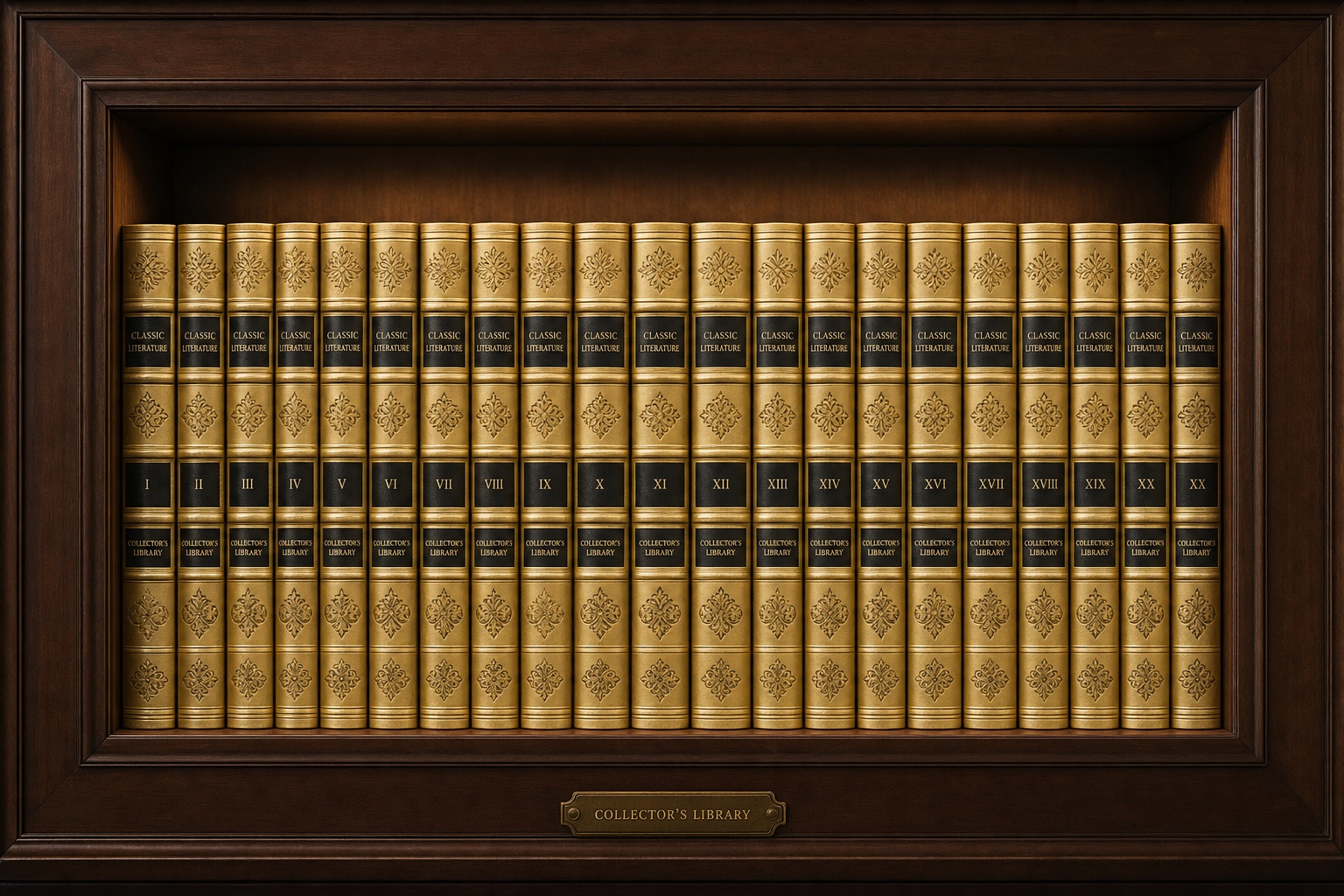 Serie de libros de colección de piel sintética dorada.