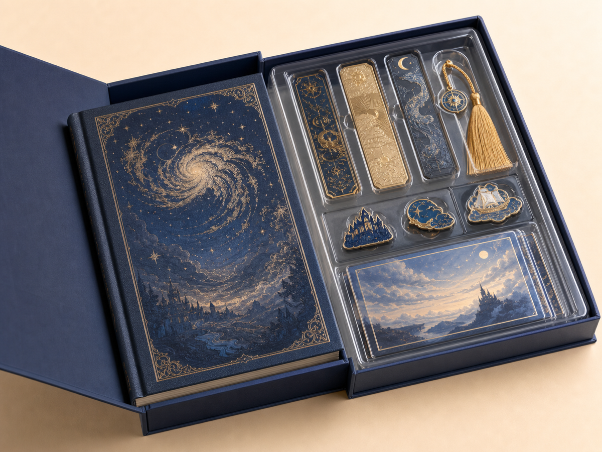 Transparent blister accessory tray beside books in a publishing set