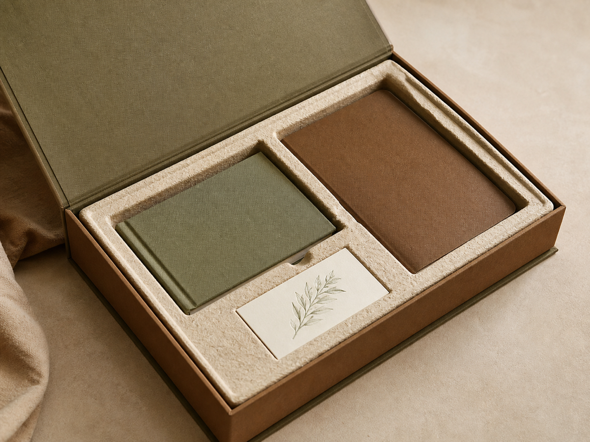 Moulded pulp insert in a book presentation box