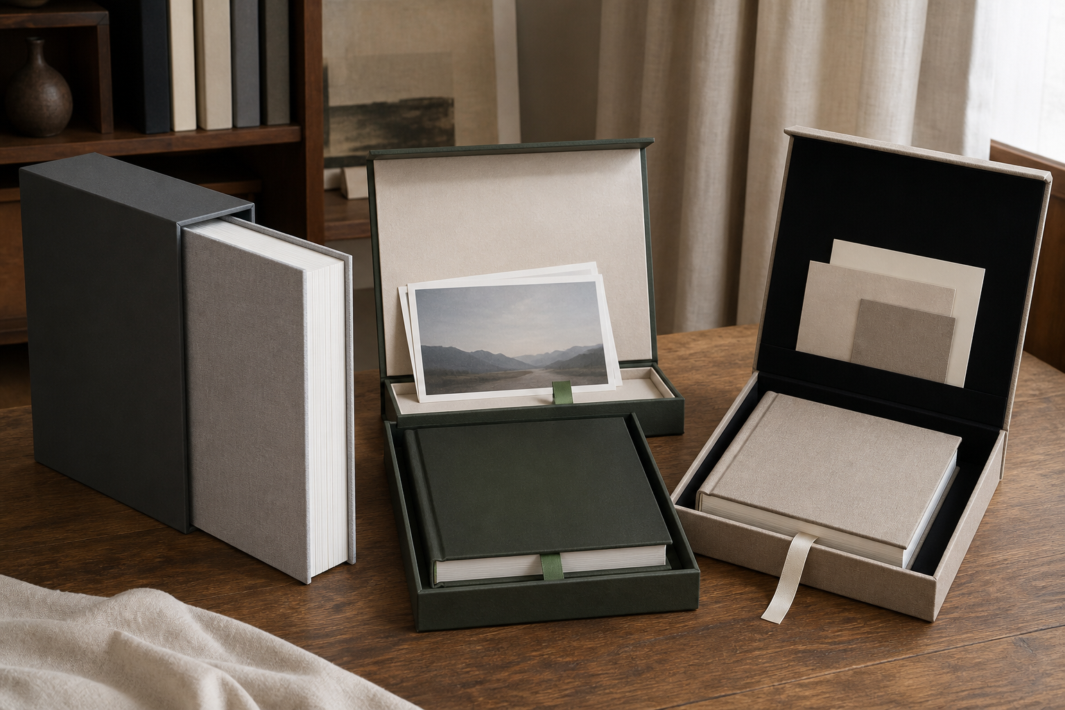 Portfolios, collector books and accessories used in a book slipcase presentation box