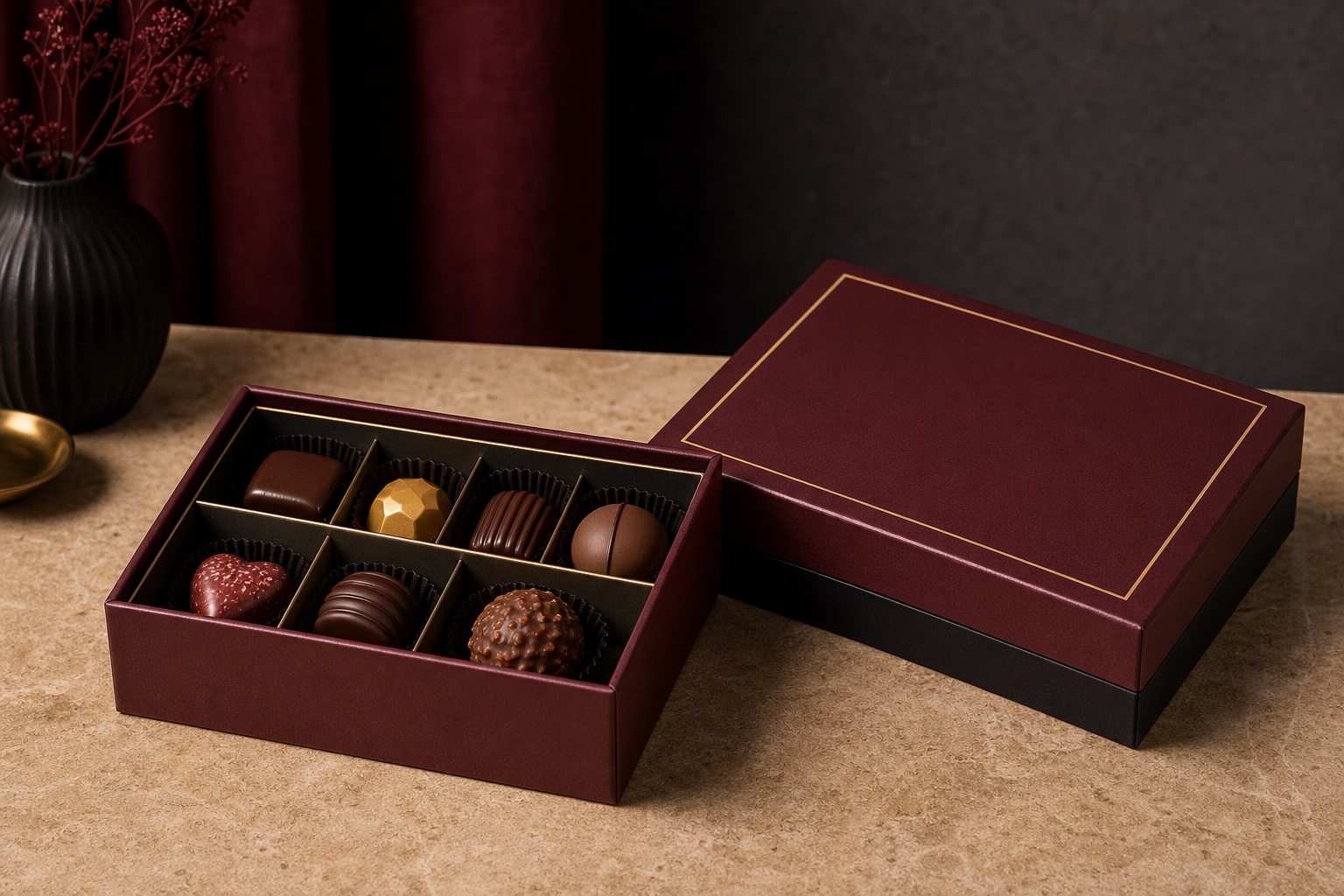 Burgundy chocolate hardcover gift box with cardboard divider inner tray