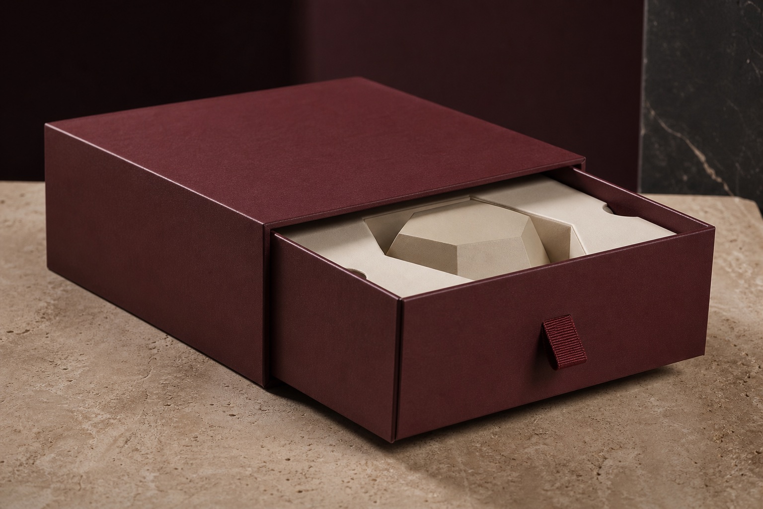Burgundy ribbon drawer hardcover box and custom interior