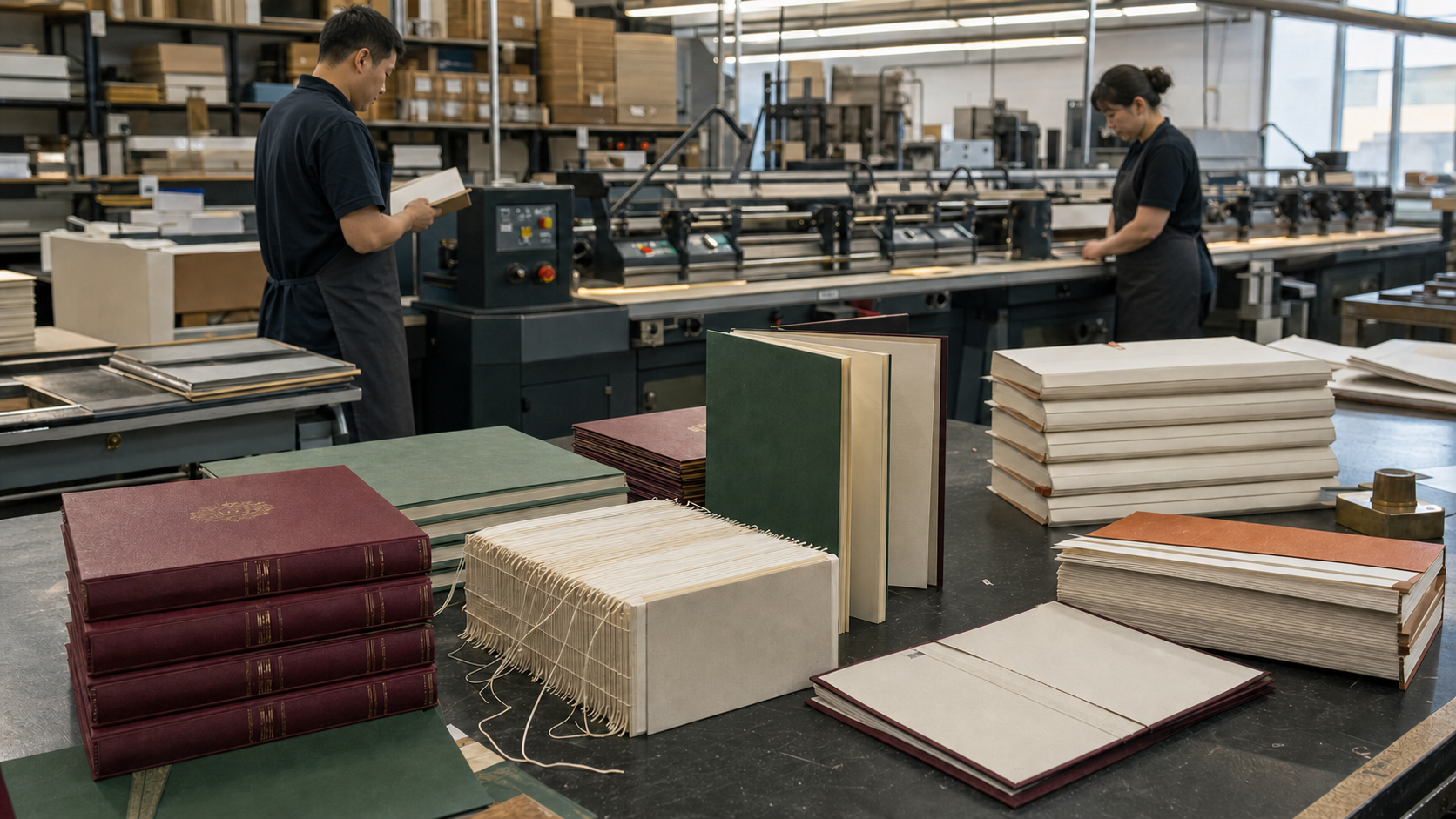 Hardcover binding and case-making workflow visualization with Chinese production staff