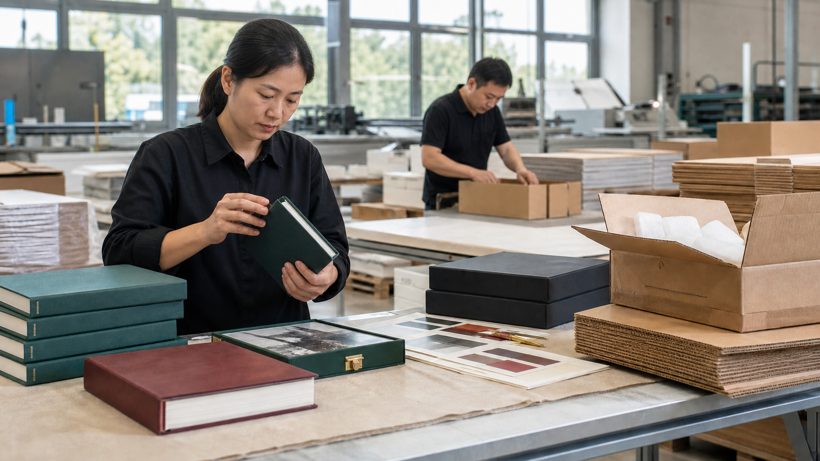 Quality inspection and protective packing workflow visualization with Chinese production staff