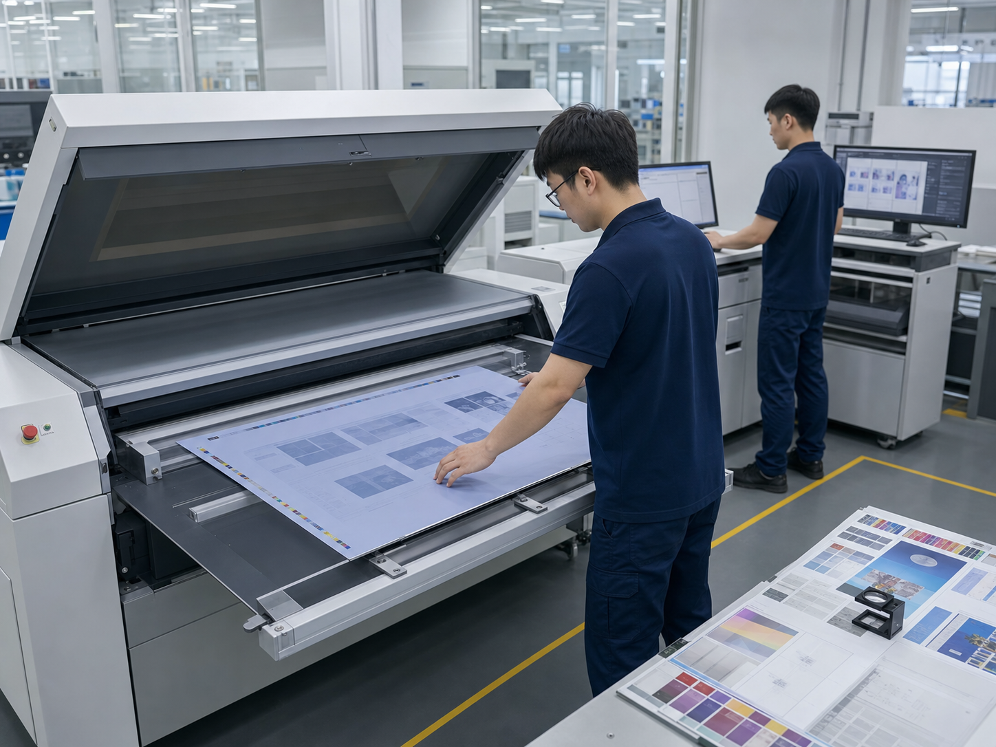 深藍工作服印前人員進行CTP製版輸出