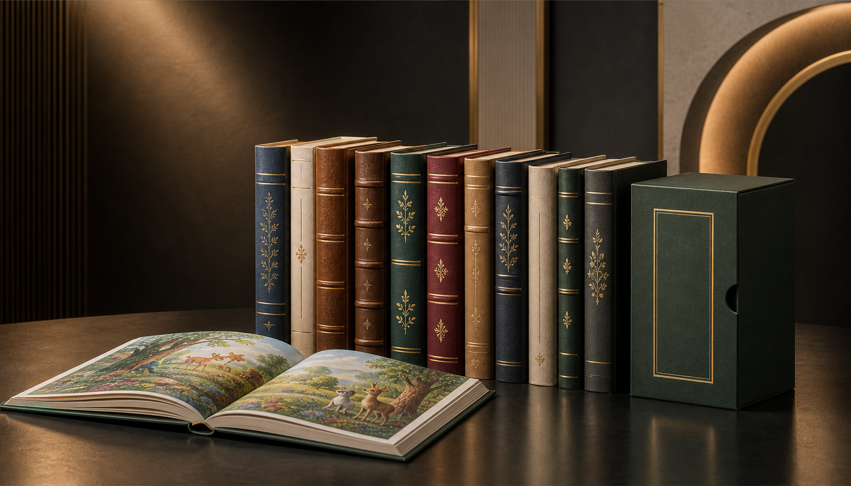 Premium hardcover books, collector editions and open illustrated publication in a refined publishing setting