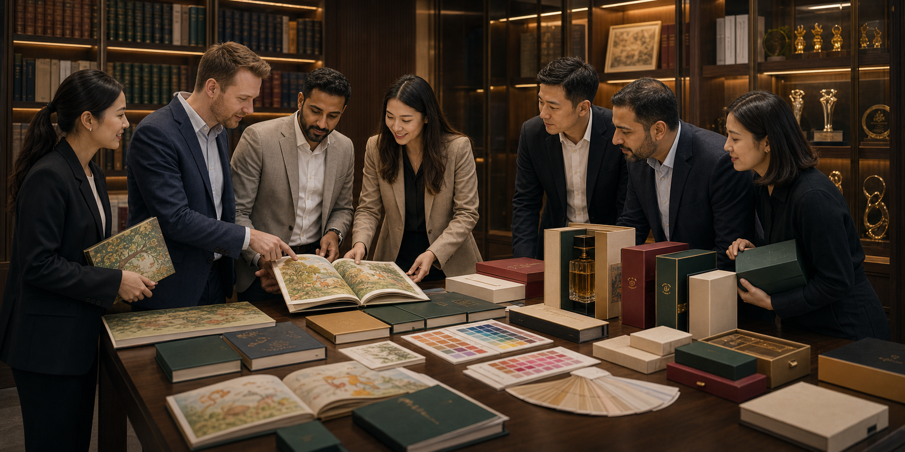 International clients reviewing print samples with the Gold Printing team
