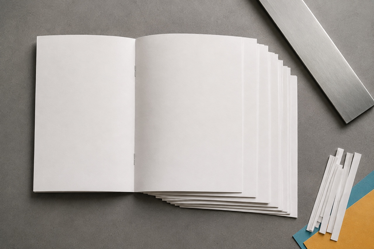 Overhead text-free saddle-stitched booklet mock-up with nested folded sheets showing progressive fore-edge creep, beside an unmarked metal straightedge and paper trim strips