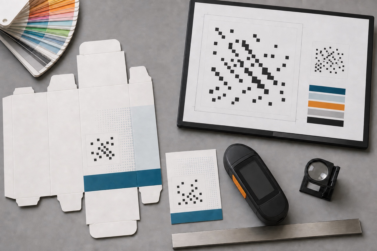 Top-down text-free packaging prepress desk with carton, label, barcode verifier and clearly non-scannable abstract square test motifs