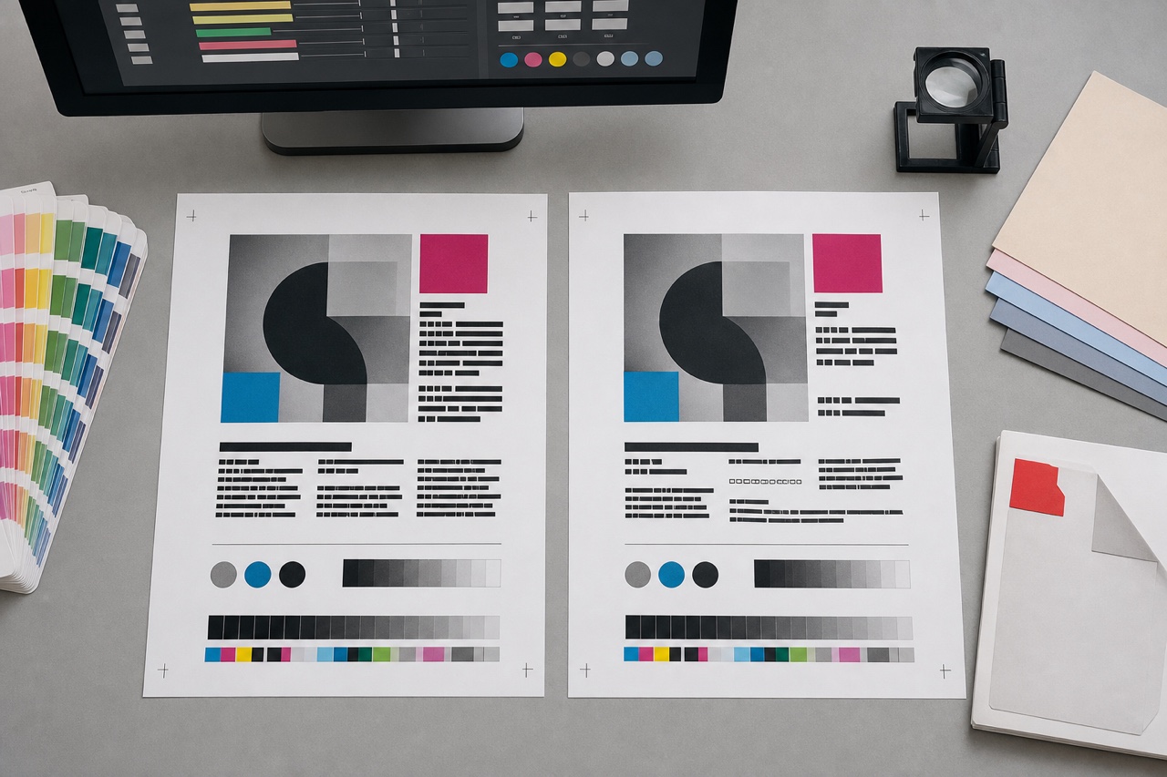Top-down print font preflight desk with two text-free proofs comparing stable abstract glyph blocks with reflow and missing-glyph placeholders caused by substitution