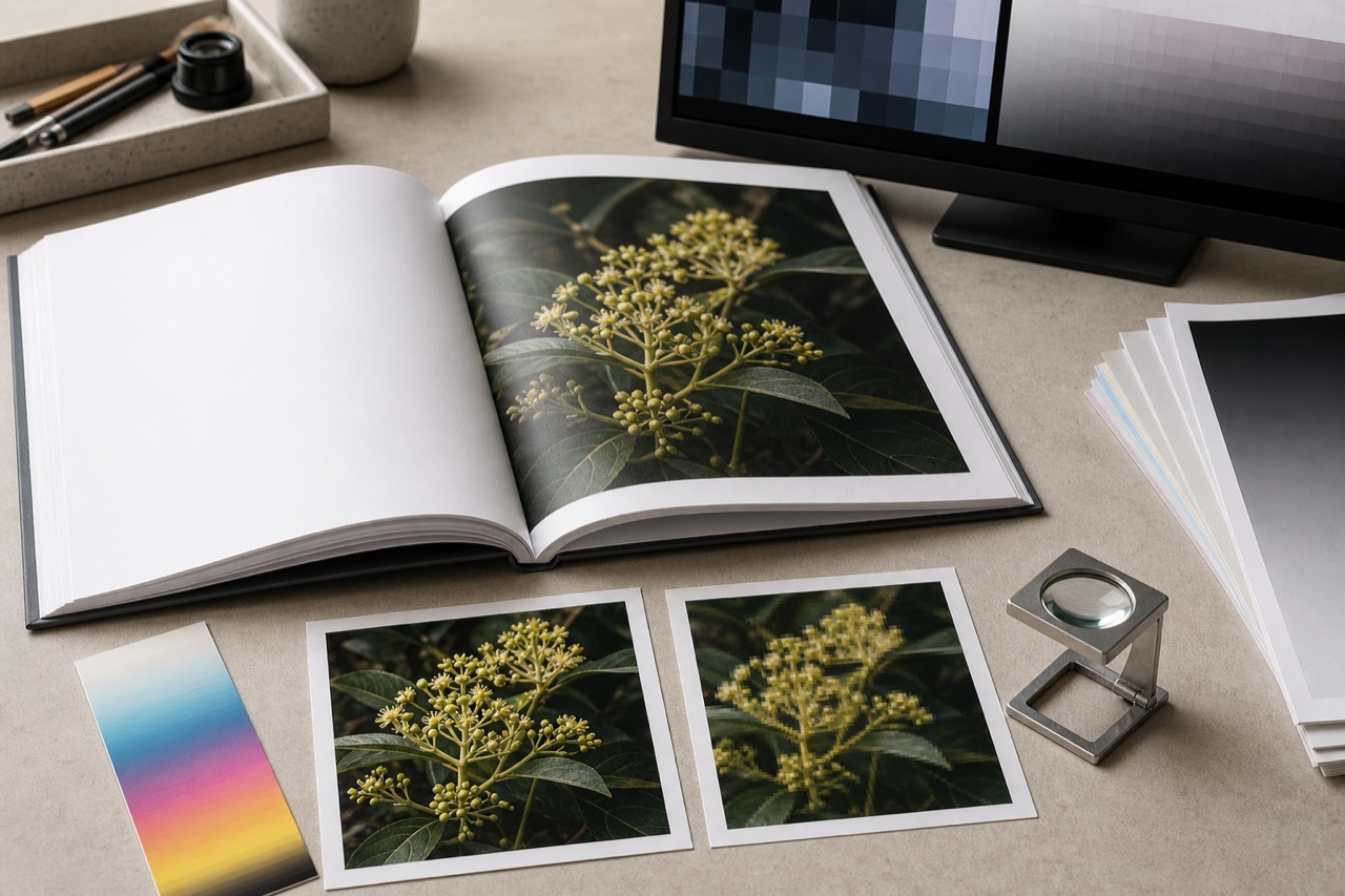 Text-free prepress table with a bound photo proof, crisp and pixelated botanical image samples, a loupe and an abstract grayscale monitor