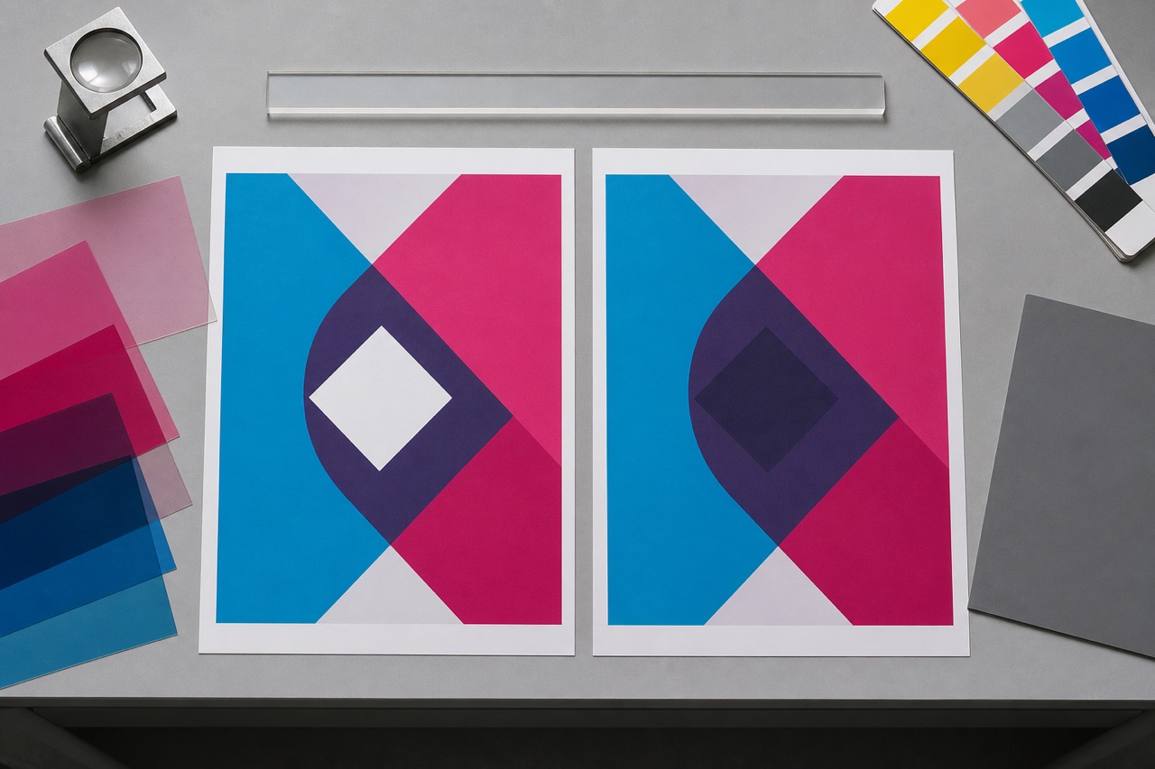 Top-down PDF overprint inspection bench with two text-free proofs comparing a white knockout with an incorrect overprint across abstract cyan and magenta shapes