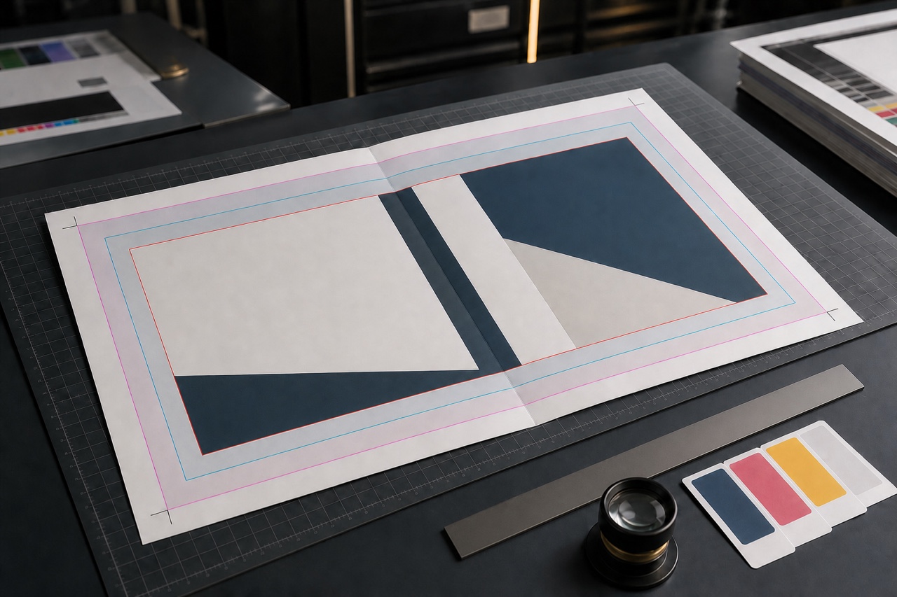 Top-down text-free prepress desk with an open print proof showing nested coloured boundaries and crop marks for trim, bleed and media areas