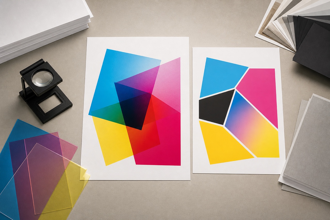 Top-down text-free prepress desk with overlapping transparent cyan, magenta and yellow shapes on one sheet and the same effect split into opaque vector and gradient regions on another