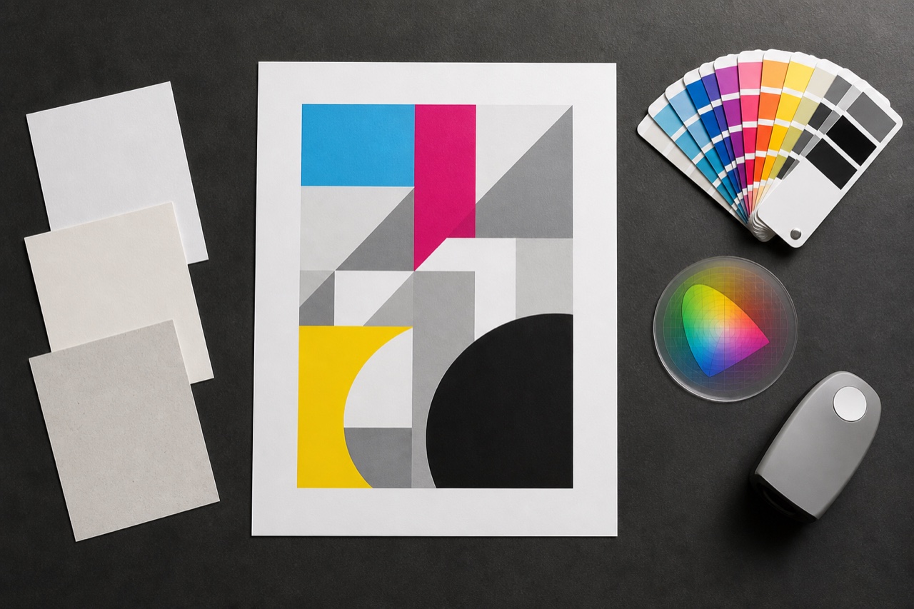 Top-down text-free prepress colour desk with an abstract CMYK proof, different paper stocks, colour swatches, a gamut disc and an unbranded measuring device