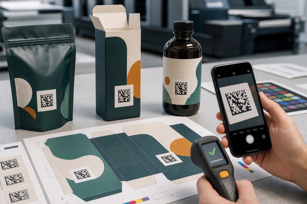 Pre-press personnel check the position, printing quality and scanning results of the 2D barcode on the unbranded packaging sample