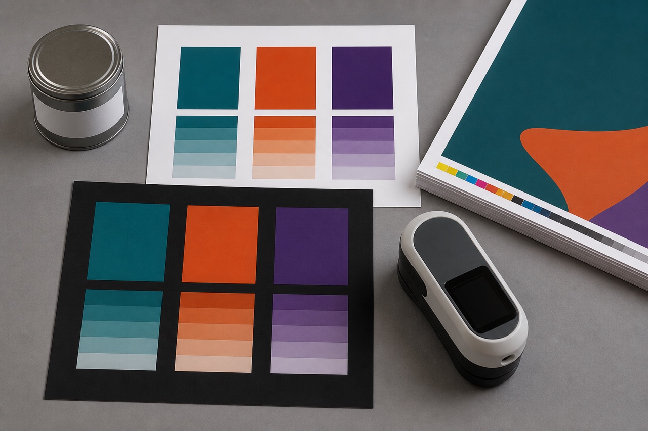 Top-down spot-colour handoff bench with an unbranded spectrophotometer, three solid and tint ramps, white and black backings, and stacked proofs