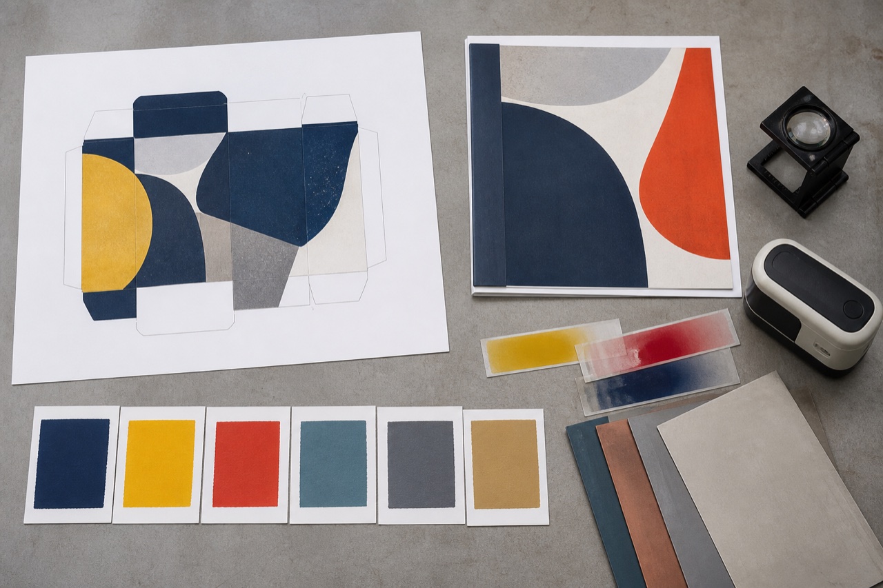 Overhead text-free spot-colour prepress desk with a carton dieline, book-cover proof, six colour swatches, loupe and colour-measurement tool