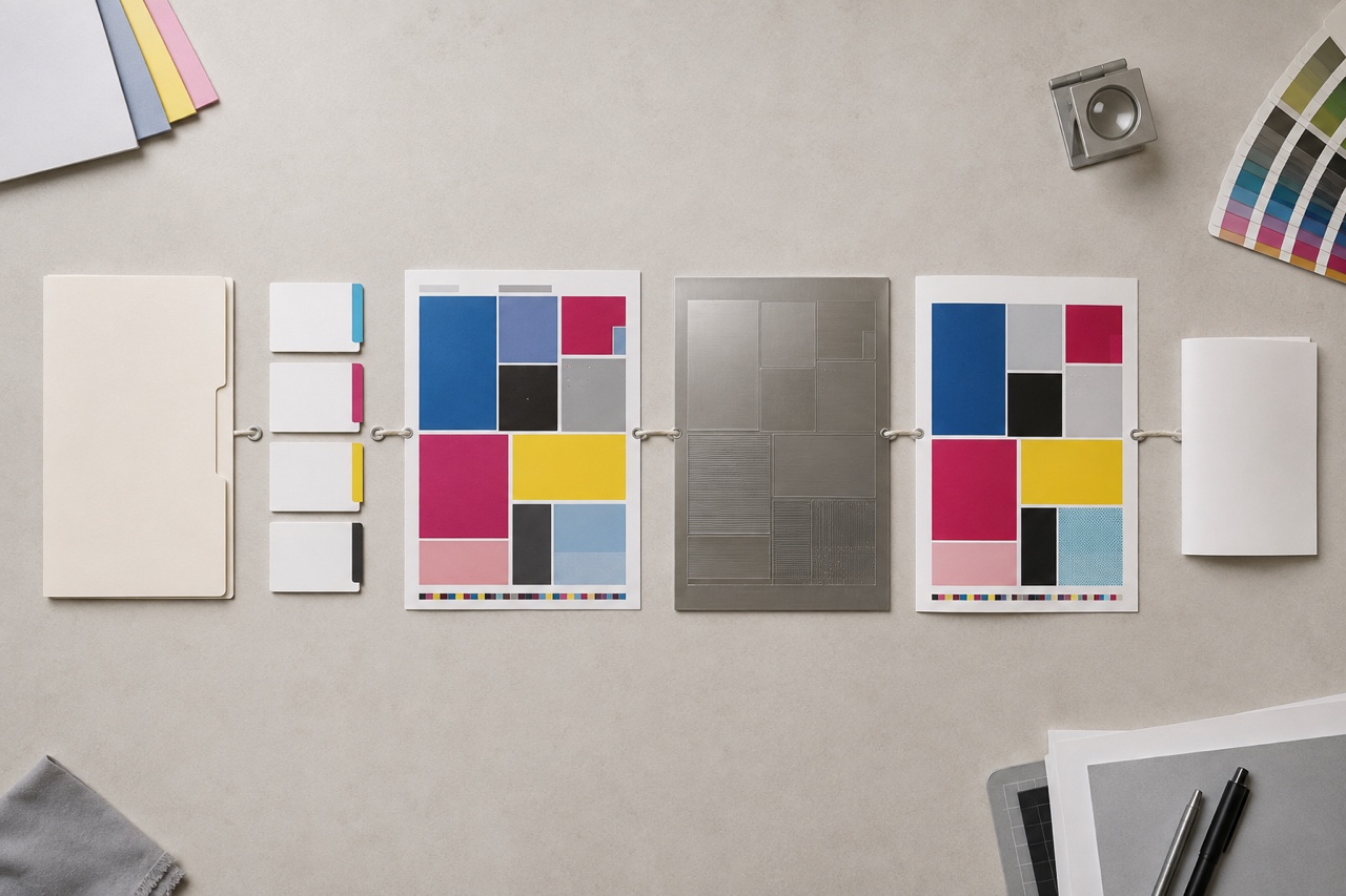 Overhead text-free print-automation desk linking blank job cards, an imposed sheet, a metal printing plate, a printed sheet and a folded proof