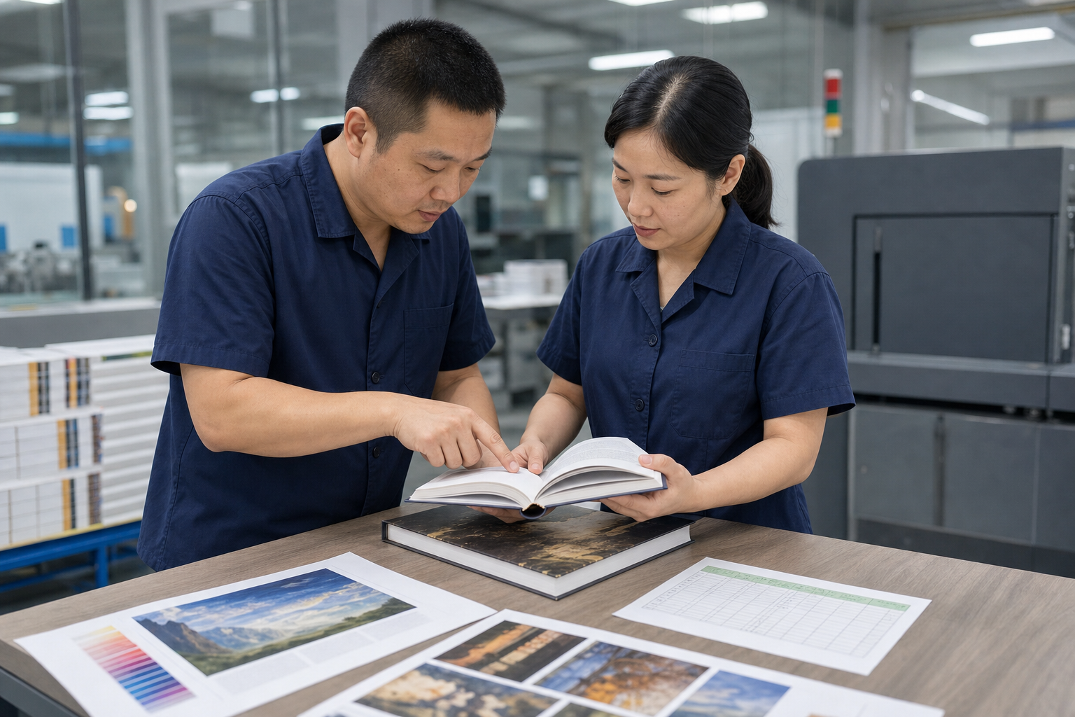 深藍工作服品質人員核對書樣、書脊結構與印刷樣張
